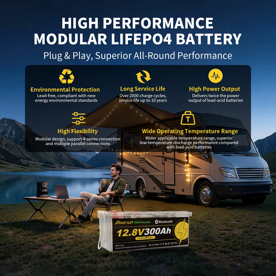 Foursun 12V 300Ah LiFePO4 Batterie mit Niedertemperatur-BMS-Schutz für Wohnmobil, Solar und Camping - Bild 2