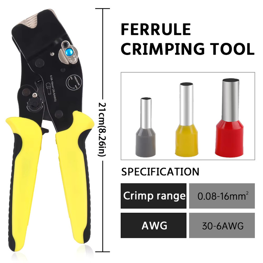 Professionelle Ratschen-Crimpzange für Hohlstecker, AWG 30–6 (0,08–16 mm²), manuelles Kabel-Crimpwerkzeug für Steckerlängen von 0–25 mm - Bild 2