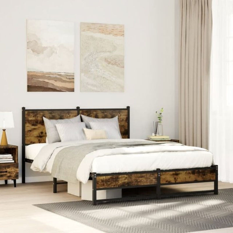 Metallbett Vidaxl in Räuchereiche Optik aus Stahl, Braun, B/T/H: 140 x 200 cm - Bild 1