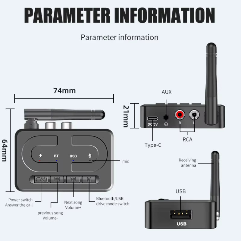 KEBIDUMEI Bluetooth 6.0 Audio-Empfänger mit Mikrofon, HIFI Stereo Wireless Adapter mit 3,5 mm AUX und RCA für Auto-Lautsprecherverstärker, Schwarz - Bild 6