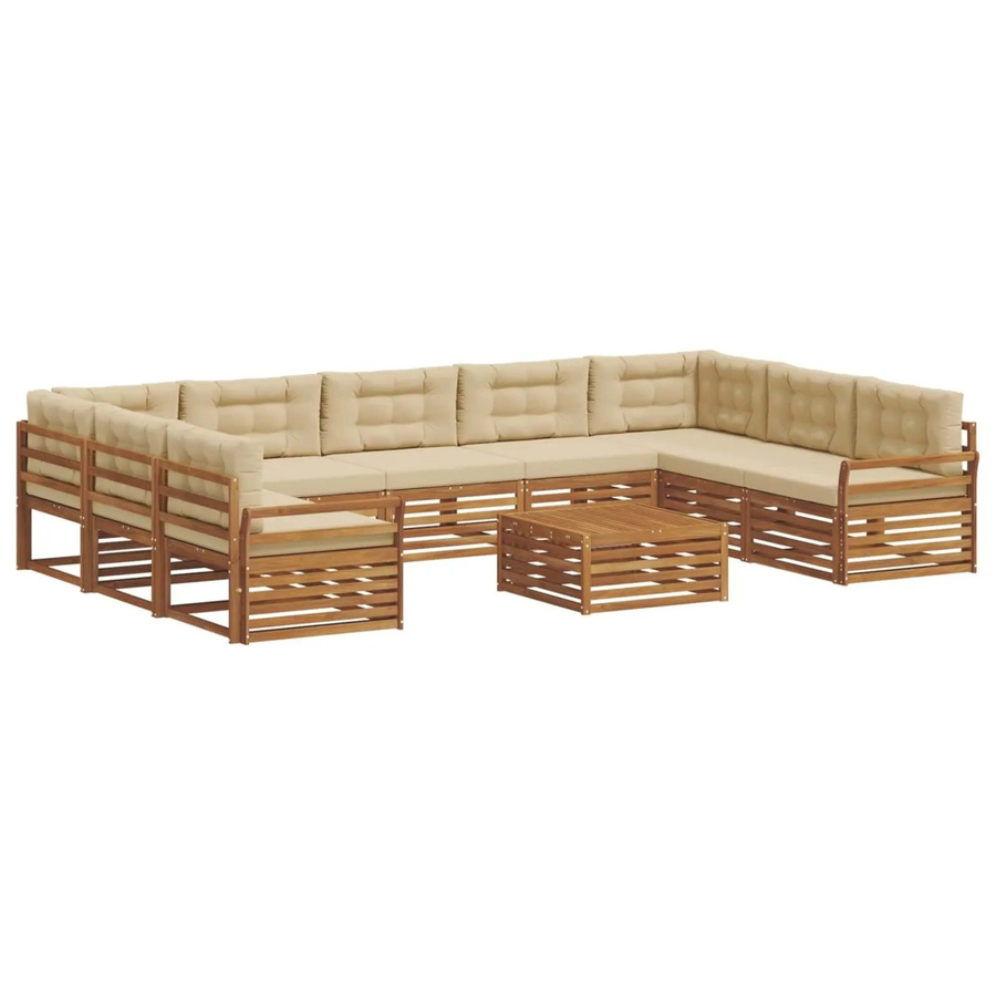 vidaXL Sofagarnitur aus Massivholz Akazie in U-Form, 10-teiliges Set in Natur und Beige mit abnehmbaren Polstern - Bild 2