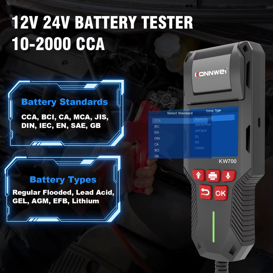 KONNWEI KW700 Batterietester für Auto, LKW und Motorrad mit Drucker, 12V/24V, 10-2000CCA, Diagnosegerät für Spannung, CCA, SOC und SOH, Schwarz - Bild 3