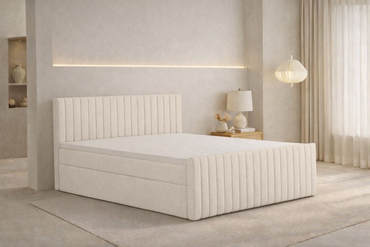 Kaiser Möbel Boxspringbett DEMETER mit Matratze und zwei Bettkästen aus Chenille-Stoff Flow in Beige - Bild 1