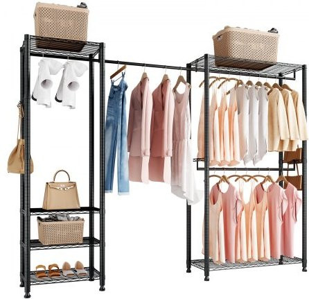 VEVOR Kleiderständer aus Kohlenstoffstahl in Schwarz mit 4 Kleiderstangen, 8 Haken und 6 Regalen, Tragkraft 363 kg, B/T/H: 244 x 12,85 x 180,35 cm - Bild 1