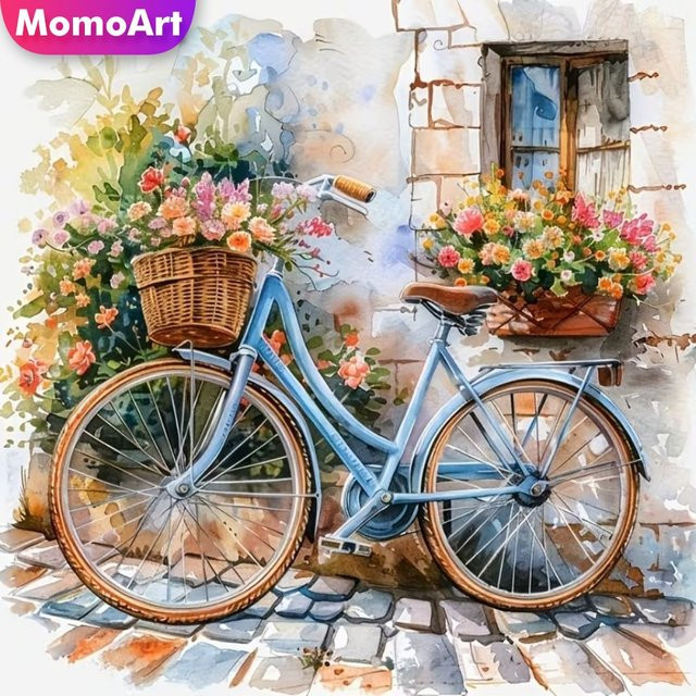 Momoart Diamond Painting Fahrrad-Landschaft mit Blumen-Motiv in Multicolour als DIY Diamant-Mosaik zur Heimdekoration - Bild 1