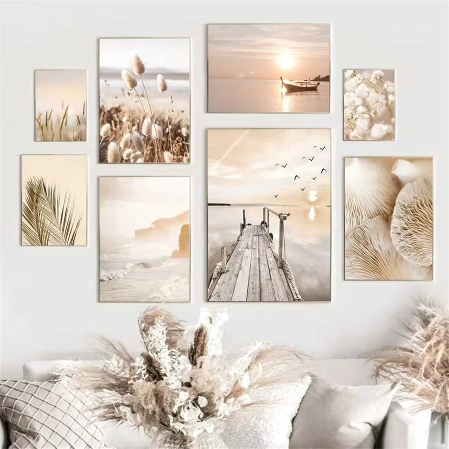 MINISO Nordic Wandkunstdruck Leinwand mit Sonnenuntergang am Meer und Strandmotiv in Beige - Bild 1