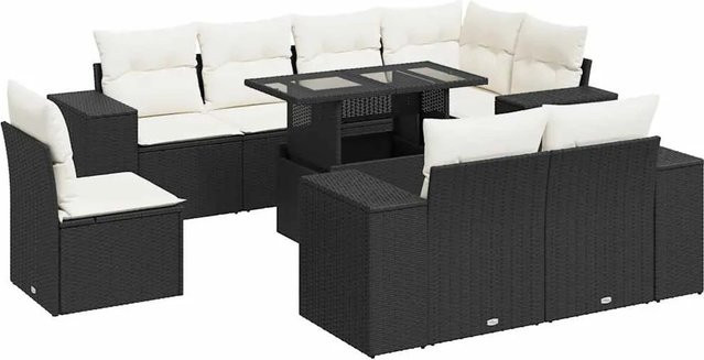 vidaXL 9-teilige Garten-Sofagarnitur in L-Form aus Polyrattan mit Kissen in Schwarz-Creme - Bild 1