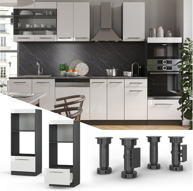 Vicco Mikrowellenumbauschrank Fame-Line Küchenschrank in Anthrazit und Weiß Hochglanz mit Schubladen und Regalfach, Breite: 60 cm, Höhe: 153 cm, Tiefe: 44,53 cm - Bild 1