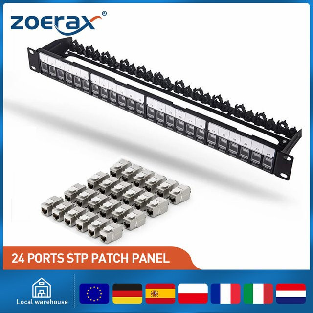 ZoeRax RJ45 Patchpanel in Schwarz mit geschirmten CAT7-Keystone-Buchsen, 1U 19-Zoll Ethernet Patchpanel mit abnehmbarer Rückleiste für CAT7/6A LAN-Kabel - Bild 1