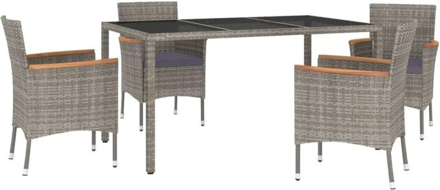 vidaXL 5-teilige Garten-Essgruppe aus Poly Rattan und Akazienholz in Grau mit Kissen und Hartglas-Tischplatte - Bild 1