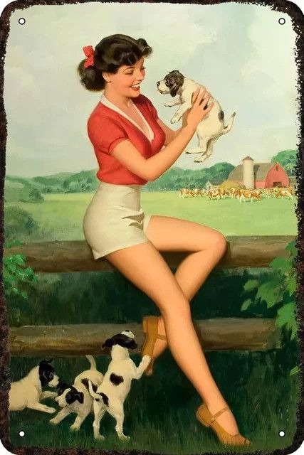 Vintage Blechschild MINISO Pinup Girl und gepunkteter Hund als Wanddekoration aus Metall, B: 30,0 cm, H: 20,0 cm - Bild 1