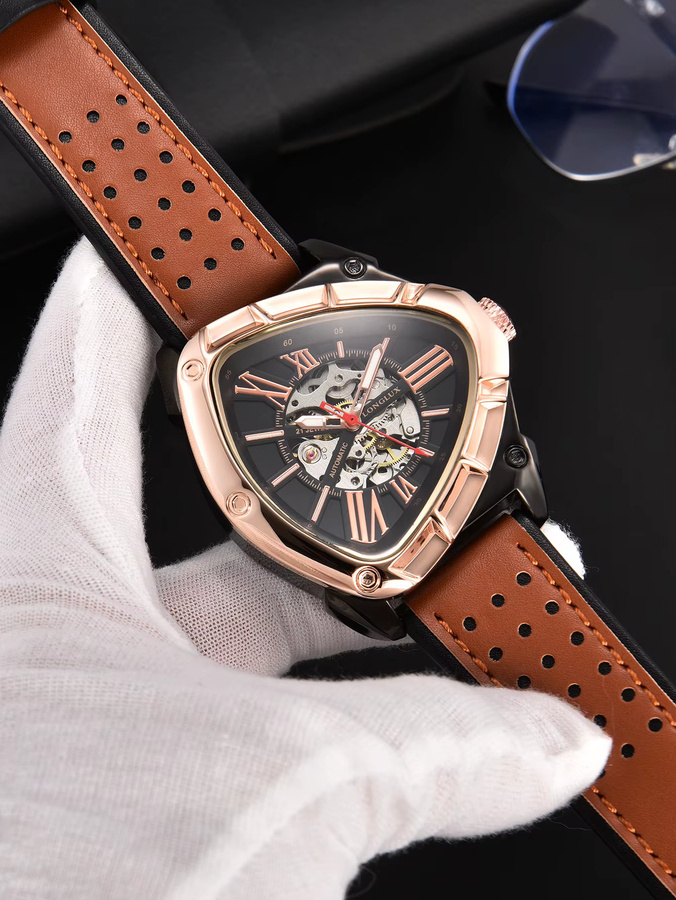LONGLUX Automatikuhr, Edelstahl, Roségold, Leder, Schwarz, Herren - Bild 5