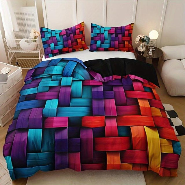 Jinmeige 3-teiliges Bettwäsche-Set mit buntem Karo-Muster aus atmungsaktivem Polyester, bestehend aus 1 Bettbezug und 2 Kissenbezügen, Mehrfarbig, B/H: 210 x 210 cm - Bild 1