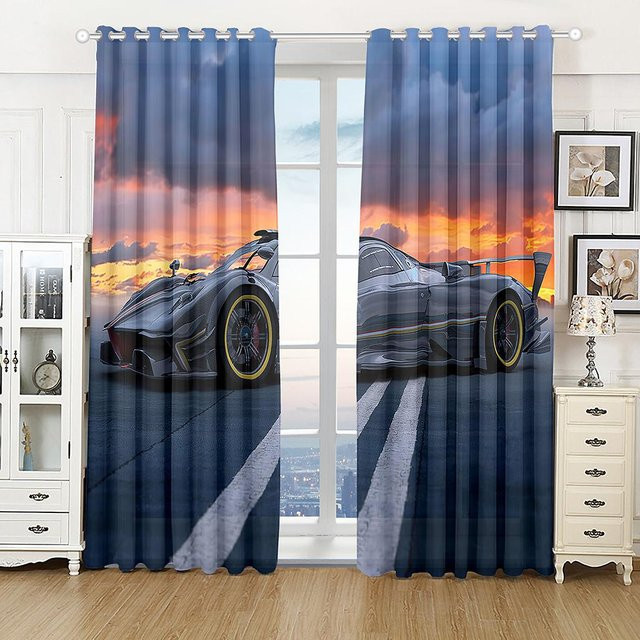 A Family Of Home Textiles 3D-Vorhang mit schwarzem Sportwagen Motiv, 2 Paneele, halbtransparent, Farbe: Schwarz/Mehrfarbig, Breite: 100 cm, Höhe: 130 cm - Bild 1