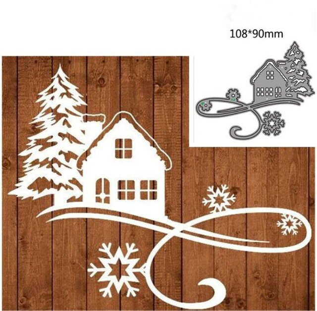 Metall-Stanzformen für Papier und Bastelarbeiten mit Winterhaus und Baum Motiven - Bild 1