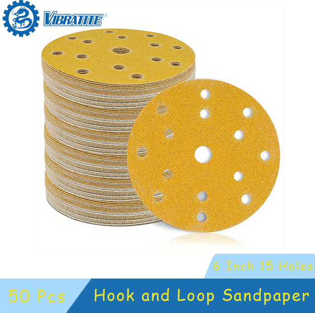 Vibratite Schleifpapier Set mit Klettverschluss und 15 Löchern, 50 Stück, Körnung 60–400, Farbe Gelb, Durchmesser: 15 cm - Bild 1
