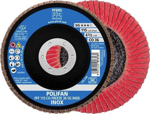 PFERD POLIFAN Fächerschleifscheibe CO-FREEZE 36 SG INOX für Edelstahl, Durchmesser: 115 mm, Bohrungs-Ø: 22,23 mm, Körnung: 36, Farbe: Rot - Bild 1