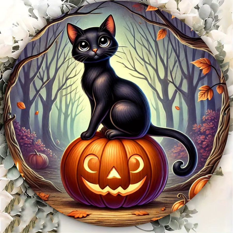 Potdemiel Halloween Metallschild mit Kürbis- und Katzen-Design, runde Blechwanddekoration, Durchmesser: 20,3 cm - Bild 3