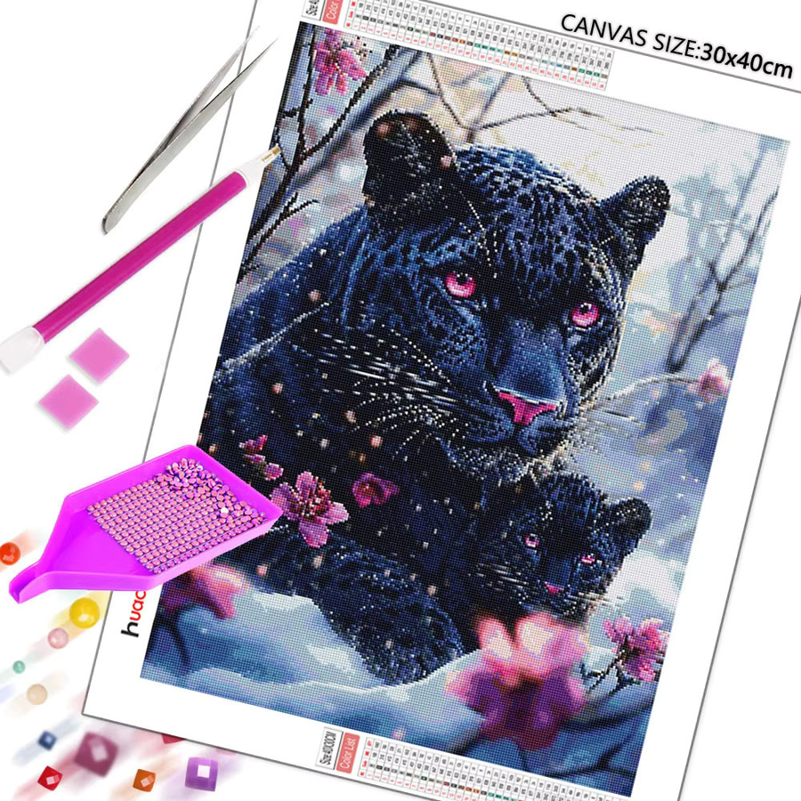Huacan 5D DIY Diamantmalerei Set mit Leopard und Blumen in einer Winterlandschaft, Mosaik-Stickerei Kit für dein Home Decor, Mehrfarbig - Bild 2