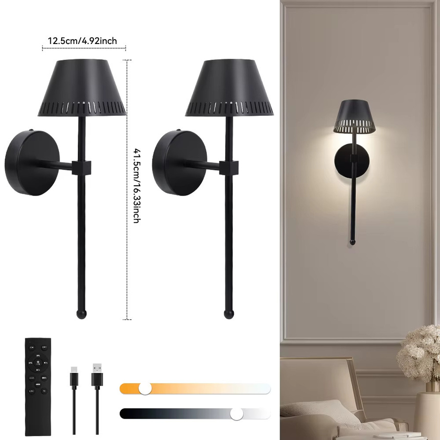 Hidixon 2er Set kabellose Wandleuchten in Schwarz, wiederaufladbare moderne Wandbeleuchtung mit Fernbedienung für Schlafzimmer und Flur - Bild 2