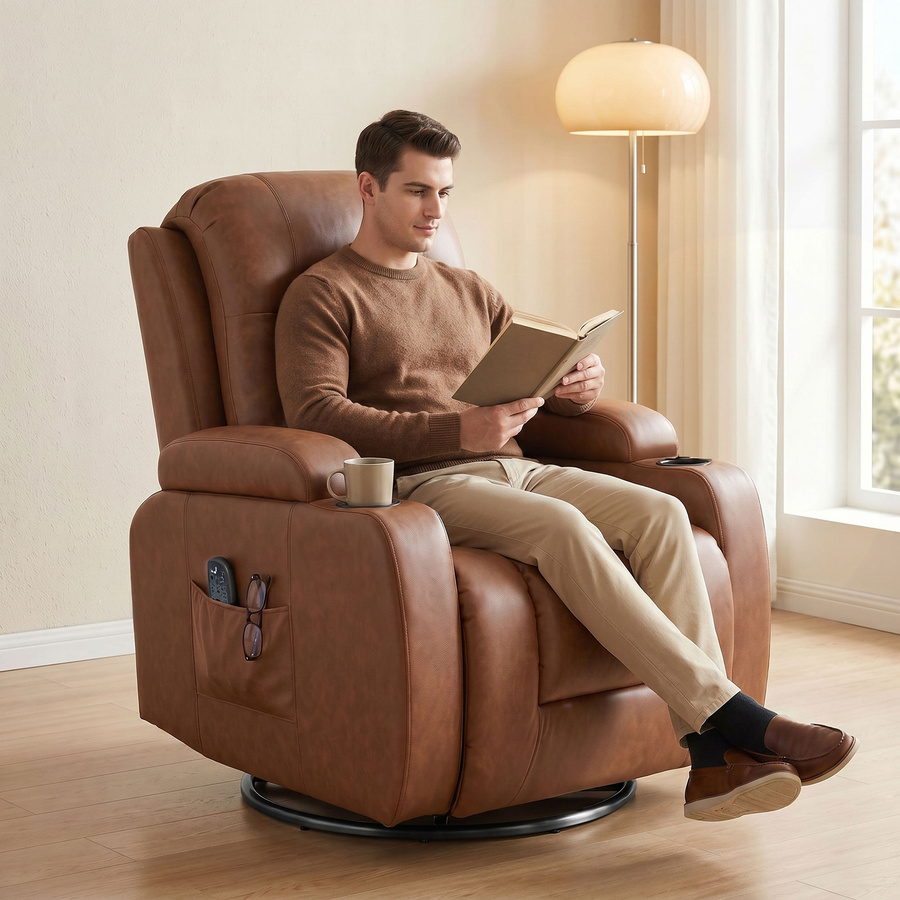 HOMCOM Relaxsessel in Hellbraun mit Massagefunktion, Heizung, Liegefunktion und Wippfunktion, drehbarer Fernsehsessel aus Kunstleder mit Becherhalter und Seitentasche - Bild 2