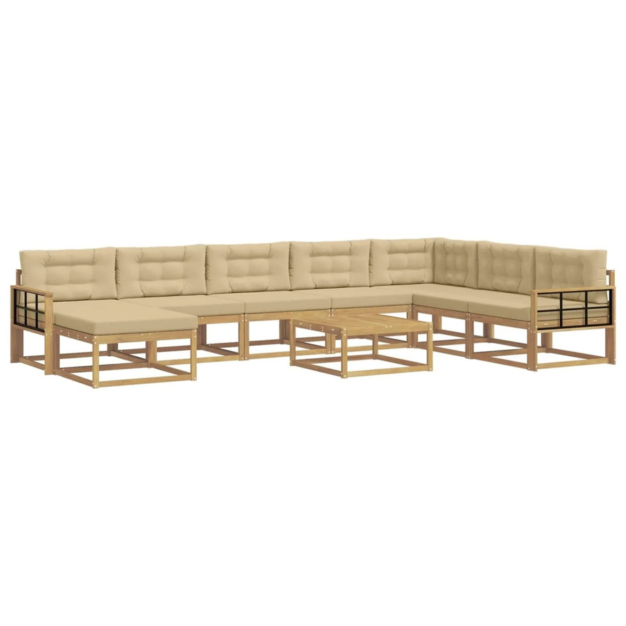 vidaXL Outdoor-Sofagarnitur aus massivem Akazienholz in L-Form, 9-teiliges Set in Weiß und Beige mit Polsterkissen - Bild 2