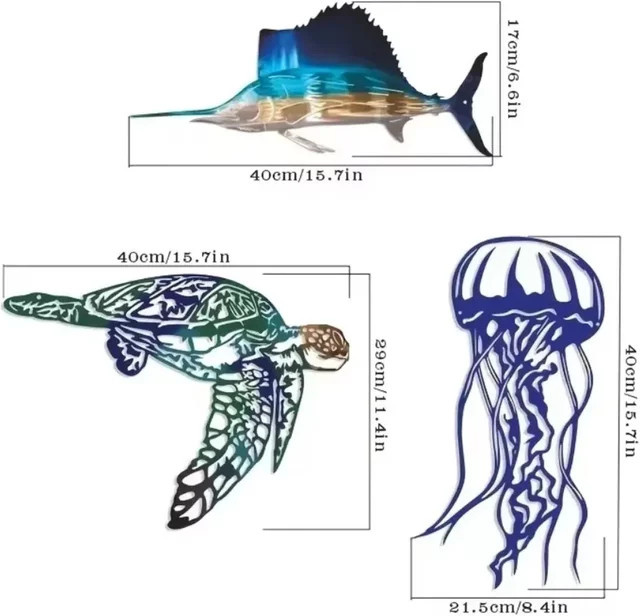 CIFBUY Wandkunst aus Metall mit Schwertfisch, Qualle und Schildkröte zur Wandmontage - Bild 1