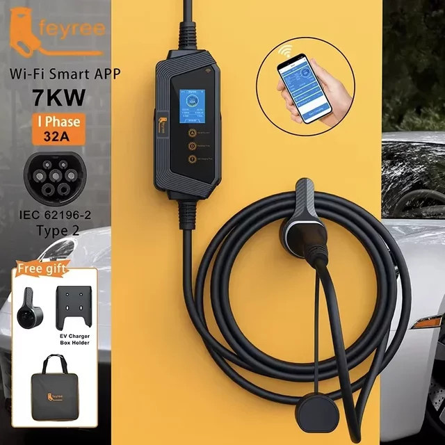 Feyree EV-Ladegerät Typ2 32A 7kW mit Wi-Fi-Steuerung und Smart App, tragbare Ladebox inklusive Halterung, Schwarz - Bild 1