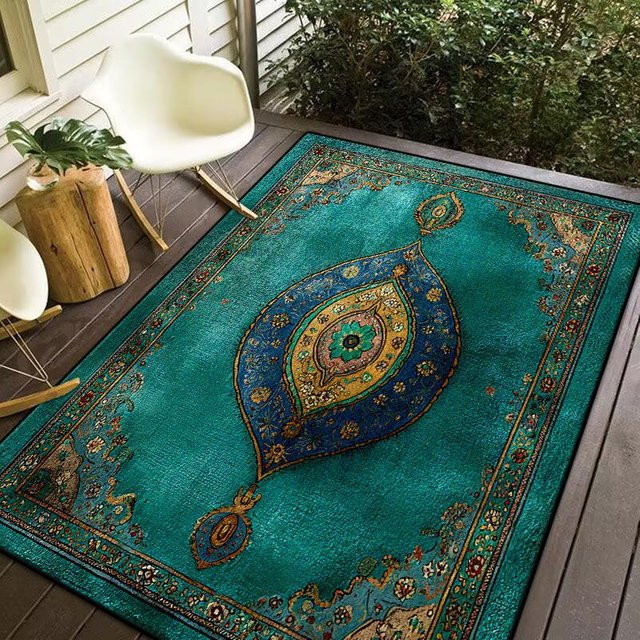 Persischer Retro-Teppich von Wucifang Jewelry in Grün und Türkis, rutschfest und leicht zu reinigen, B/T: 60 x 90 cm - Bild 1