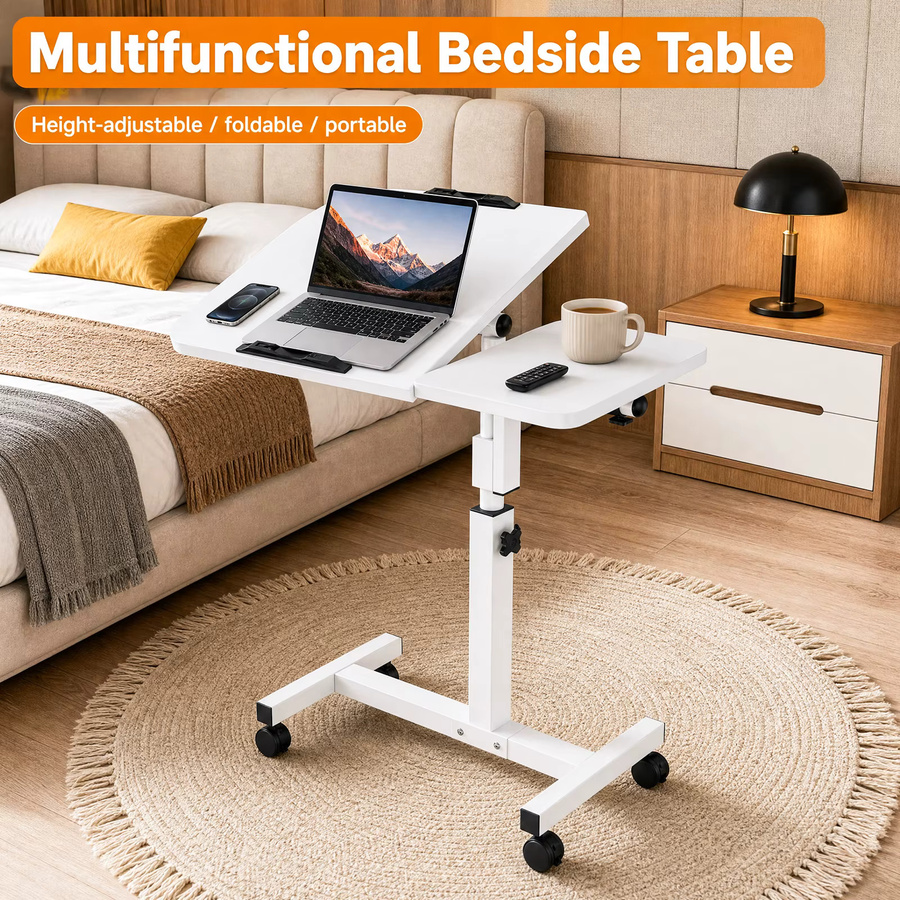 HGTUGO Mobiler Laptop-Schreibtisch in Weiß, höhenverstellbarer und neigbarer Computertisch mit Rollen und Anti-Rutsch-Stopper für Home-Office und Schlafzimmer - Bild 3