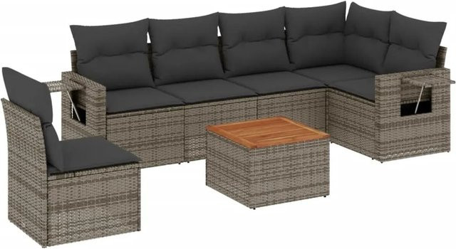 vidaXL 7-teilige Garten-Sofagarnitur aus Poly-Rattan und Akazienholz mit Kissen in Grau - Bild 1