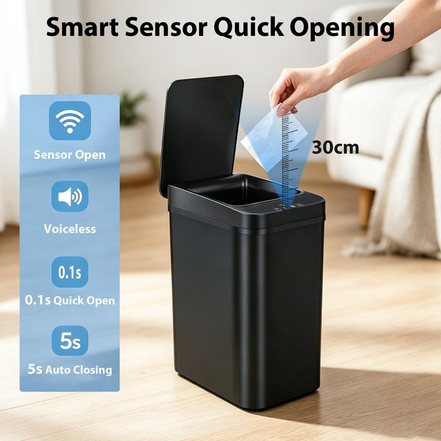 HGTUGO Automatischer Mülleimer mit Deckel und Bewegungssensor, Schlanker intelligenter Abfalleimer für Badezimmer, Büro und Wohnzimmer, Schwarz, Höhe: 30,5 cm, Breite: 23,5 cm - Bild 1