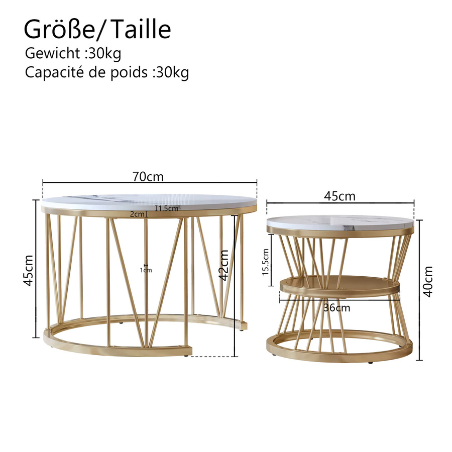 Superaly Couchtisch 2er-Set, runder Beistelltisch mit goldenem Metallrahmen und weißer Oberfläche, modern für Wohnzimmer, Schlafzimmer oder Büro, Gold/Weiß - Bild 2