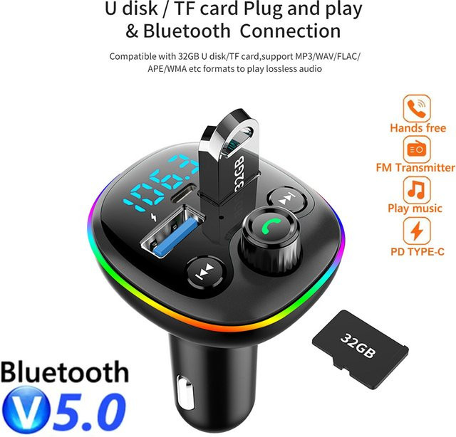 Kebidumei Bluetooth FM Transmitter mit Dual USB Schnellladegerät, PD Typ-C Auto Adapter, Freisprecheinrichtung und MP3 Player in Schwarz - Bild 1