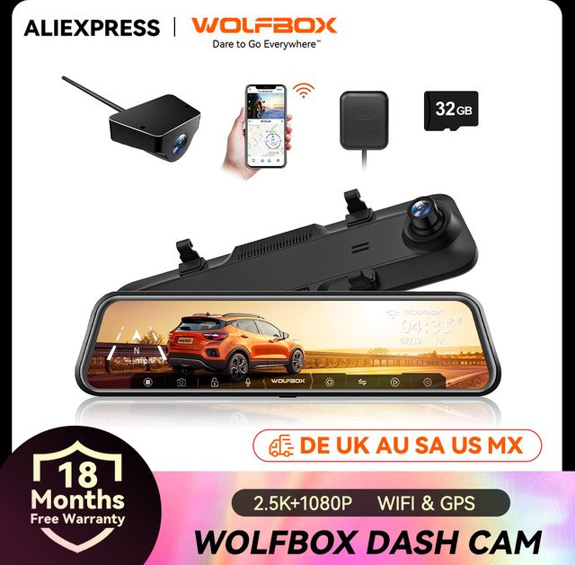 Wolfbox G840H Dashcam mit 12 Zoll Display, Front- und Rückkamera, 2K Auflösung, WDR und Super Nachtsicht, Schwarz - Bild 1