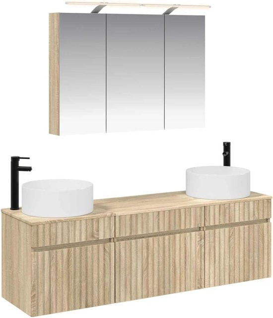 vidaXL Badezimmerschrank-Set 4-teilig in Sonoma-Eiche, modern, mit LED-Spiegelschrank und Waschtischunterschrank, Braun, B/T/H: 100 x 14,5 x 70 cm - Bild 1