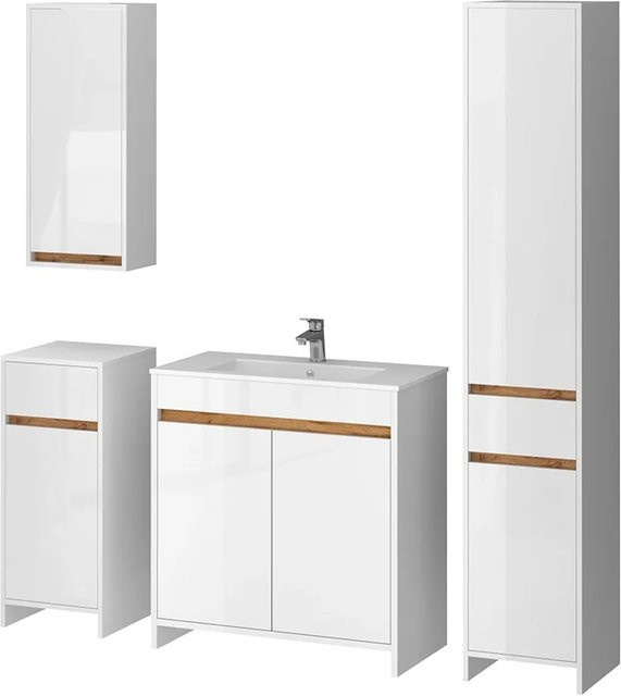 Vicco Badmöbel-Set Lemgo in Weiß Hochglanz und Eiche, 5-teiliges Badezimmer-Set mit 80 cm Breite - Bild 2