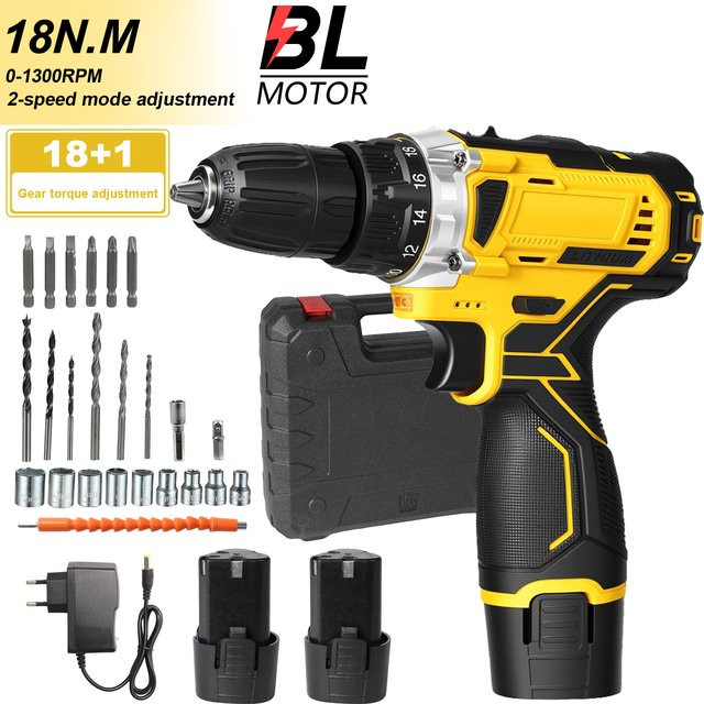 WUIETI 12-V-Akku-Minibohrmaschine in Gelb mit 29-teiligem Set, 18+1 Drehmomenteinstellungen und 0–1300 U/min - Bild 1