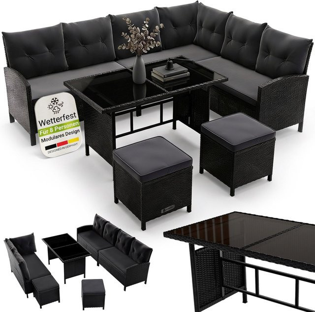 Juskys Gartenlounge Manacor Polyrattan Set in Schwarz mit dunkelgrauen Bezügen für 8 Personen - Bild 7