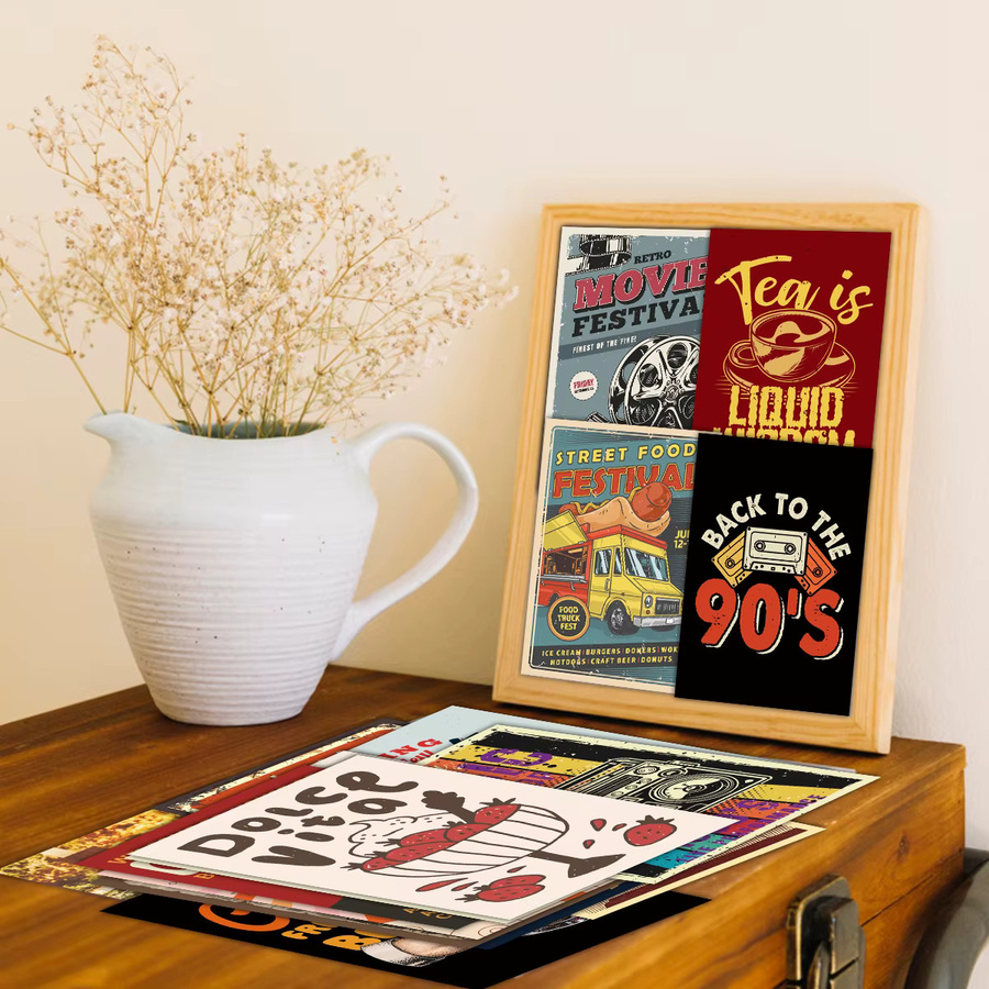 50 Stück Vintage Wandpostkarten mit Aufklebern im Retro-Stil mit Film, Surf und Camping Motiven in Mehrfarbig - Bild 5