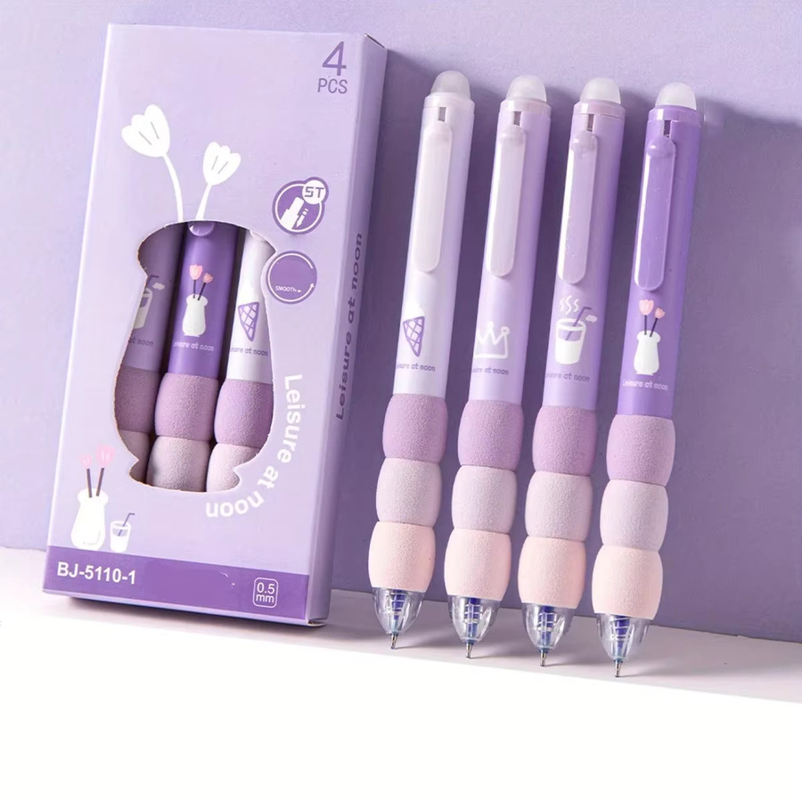 4er Set löschbare Gel-Stifte mit weichem Cloud Grip, 0,5 mm Spitze, schnelltrocknende Kugelschreiber in Schwarz und Lila für Schule und Büro - Bild 2