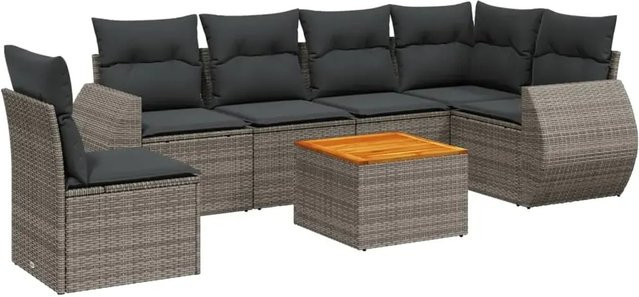 vidaXL 7-teilige Garten-Sofagarnitur aus Poly-Rattan und Akazienholz in Grau mit Kissen - Bild 1