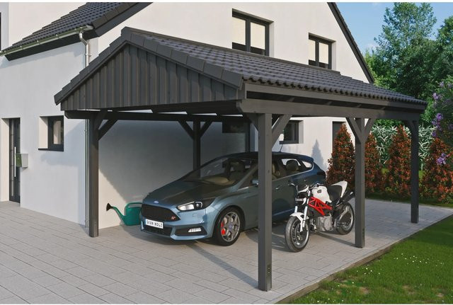 Skan Holz Carport Fichtelberg aus Fichten-Leimholz in Grau mit spitzer Dachform, B: 423 cm, T: 566 cm, H: 326 cm - Bild 1