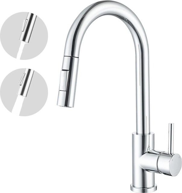AICA Küchenarmatur mit ausziehbarer Säulenbrause und 360 Grad drehbarem Wasserhahn in Chrom/Silber - Bild 1