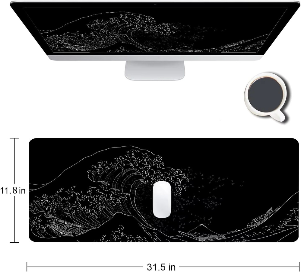 Großes Mauspad The Great Wave Off Kanagawa in Schwarz, rutschfeste Schreibtischunterlage mit Gummibasis und genähten Kanten für dein Tastatur-Maus-Setup - Bild 2