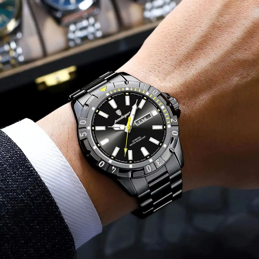 POEDAGAR Armbanduhr Edelstahl, Quarz, Schwarz, Silber, Herren - Bild 5