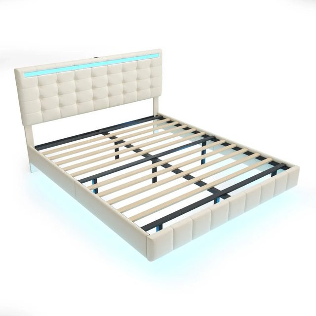 PXloue Doppelbett aus Leinen mit LED-Beleuchtung und USB-Anschluss, Farbe: Beige, B/T/H: 160 x 200 x 105 cm - Bild 1