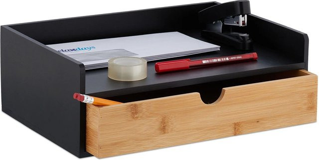 Relaxdays Schreibtisch Organizer aus Bambus und MDF in Schwarz und Natur mit Schublade, B/T/H: 32 x 11 x 22 cm - Bild 1
