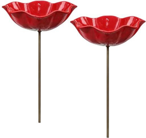 Hello Garden Vogel- und Schmetterlings-Badebecher aus Metall mit Pfahl, 2er-Set, Rot - Bild 1