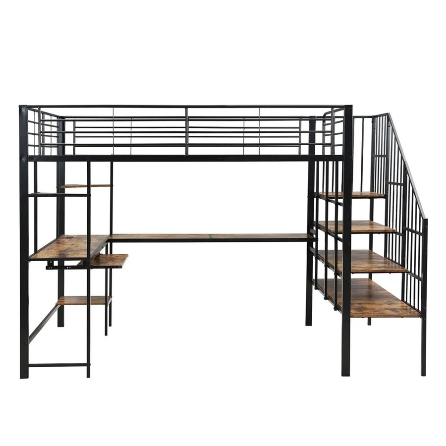 KOMHTOM Hochbett aus Eisen und MDF mit Schreibtisch, Ecktreppe und USB-Ladeöffnung, Schwarz und Grau, B/T/H: 200 x 120 x 251,5 cm - Bild 2